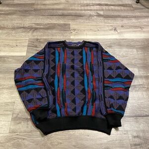Neiman Marcus Purple Geometric Crewneck Sweater with Teal and Red Accents